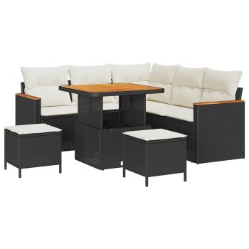 8-teiliges Garten Sofa Set mit Kissen Schwarz Poly Rattan Akazie, 3-teiliges Garten Esstisch Set mit Kissen Schwarz Poly Rattan Akazie