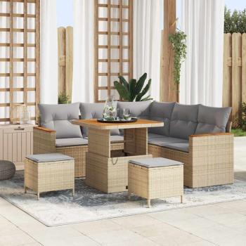 ARDEBO.de - 8-teiliges Garten Sofa Set mit Kissen Beige Poly Rattan Akazie, 3-teiliges Garten Ess Set mit Kissen Beige Poly Rattan Akazie