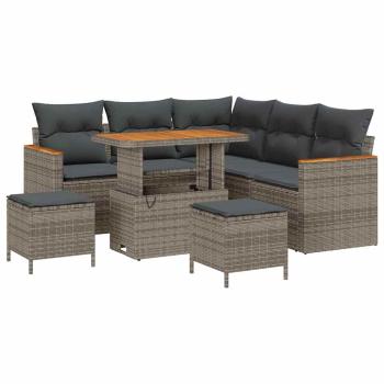 ARDEBO.de - 8-teiliges Garten Sofa Set mit Kissen Grau Poly Rattan Akazie, 3-teiliges Garten EssSet mit Kissen Grau Poly Rattan Akazie