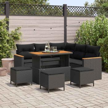 ARDEBO.de - 9-teiliges Garten Sofa Set mit Kissen Schwarz Poly Rattan Akazie, 4-teiliges Garten EssSet mit Kissen Schwarz Poly Rattan Akazie