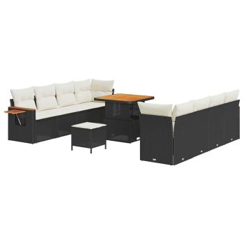 11-teiliges Garten Sofa Set mit Kissen Schwarz Poly Rattan Akazie, 3-teiliges Garten Essbereich Set mit Kissen Schwarz Poly Rattan Akazie