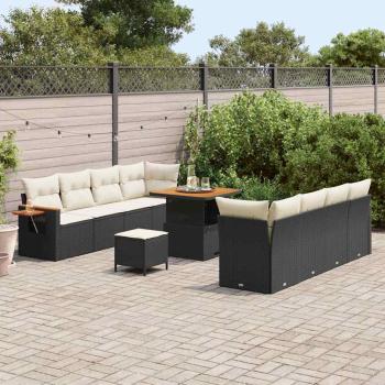 11-teiliges Garten Sofa Set mit Kissen Schwarz Poly Rattan Akazie, 3-teiliges Garten Essbereich Set mit Kissen Schwarz Poly Rattan Akazie