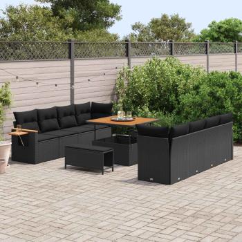 11-teiliges Garten Sofa Set mit Kissen aus schwarzem Poly Rattan und Akazie, 3-teiliges Garten Esstisch Set mit Kissen aus schwarzem Poly Rattan und Akazie