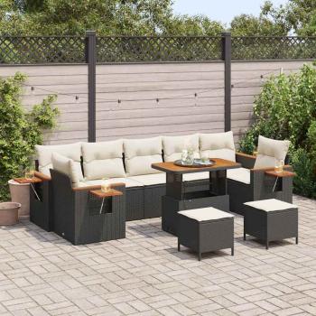 ARDEBO.de - 10-teiliges Garten-Sofa-Set mit Kissen Schwarz Poly-Rattan Akazie, 3-teiliges Garten-Esszimmer-Set mit Kissen Schwarz Poly-Rattan Akazie