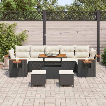 10-teiliges Garten-Sofa-Set mit Kissen Schwarz Poly-Rattan Akazie, 3-teiliges Garten-Esszimmer-Set mit Kissen Schwarz Poly-Rattan Akazie