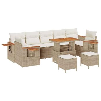 ARDEBO.de - 10-teiliges Garten Sofaset mit Kissen Beige Poly Rattan Akazie, 3-teiliges Garten Essset mit Kissen Beige Poly Rattan Akazie