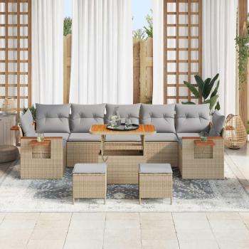 10-teiliges Garten-Sofa-Set mit Kissen Beige Poly-Rattan Akazie, 3-teiliges Garten-Dining-Set mit Kissen Beige Poly-Rattan Akazie