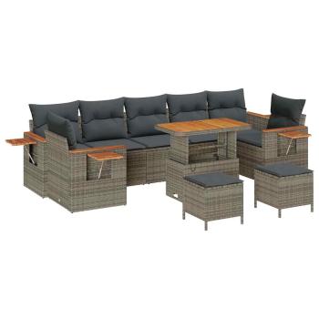 10-teiliges Garten-Sofa-Set mit Kissen grau Poly-Rattan Akazie, 3-teiliges Garten-Ess-Set mit Kissen grau Poly-Rattan Akazie
