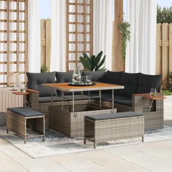 ARDEBO.de - 8-teiliges Garten Sofa Set mit Kissen Grau Poly Rattan Akazie, 3-teiliges Garten Essenset mit Kissen Grau Poly Rattan Akazie