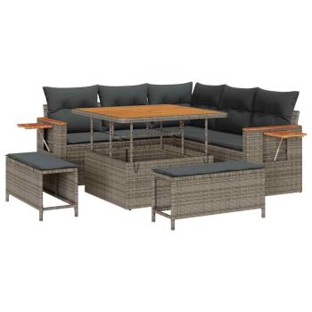 8-teiliges Garten Sofa Set mit Kissen Grau Poly Rattan Akazie, 3-teiliges Garten Essenset mit Kissen Grau Poly Rattan Akazie