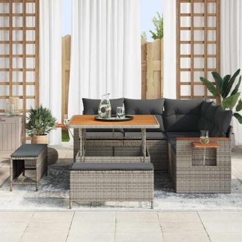 8-teiliges Garten Sofa Set mit Kissen Grau Poly Rattan Akazie, 3-teiliges Garten Essenset mit Kissen Grau Poly Rattan Akazie