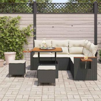 8-teiliges Garten Sofa Set mit Kissen Schwarz Poly Rattan Akazie, 3-teiliges Garten Esszimmer Set mit Kissen Schwarz Poly Rattan Akazie