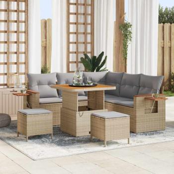 ARDEBO.de - 8-teiliges Garten-Sofa-Set mit Kissen Beige Poly Rattan Akazie, 3-teiliges Garten-Ess-Set mit Kissen Beige Poly Rattan Akazie