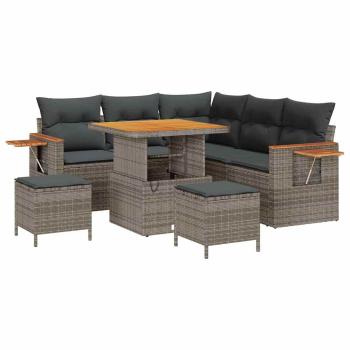 8-teiliges Garten Sofaset mit Kissen Grau Poly Rattan Akazie, 3-teiliges Garten Esstischset mit Kissen Grau Poly Rattan Akazie