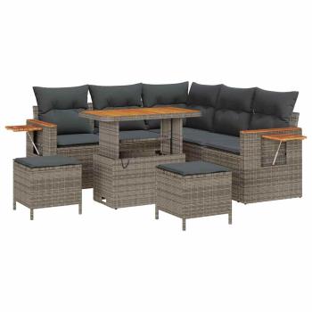 8-teilige Garten-Sofa-Set mit Kissen Grau Poly-Rattan Akazie, 3-teiliges Garten-Essset mit Kissen Grau Poly-Rattan Akazie