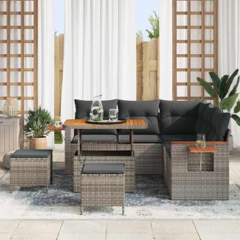 8-teilige Garten-Sofa-Set mit Kissen Grau Poly-Rattan Akazie, 3-teiliges Garten-Essset mit Kissen Grau Poly-Rattan Akazie
