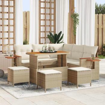 ARDEBO.de - 9-teiliges Gartensofa-Set mit Kissen Beige Poly-Rattan Akazie, 4-teiliges Garten-Dining-Set mit Kissen Beige Poly-Rattan Akazie