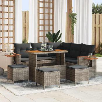 ARDEBO.de - 9-teiliges Garten Sofa Set mit Kissen Grau Poly Rattan Akazie, 4-teiliges Garten Esszimmer Set mit Kissen Grau Poly Rattan Akazie