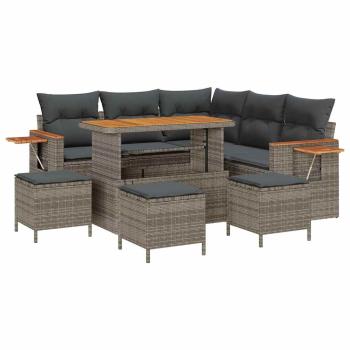9-teiliges Garten Sofa Set mit Kissen Grau Poly Rattan Akazie, 4-teiliges Garten Esszimmer Set mit Kissen Grau Poly Rattan Akazie