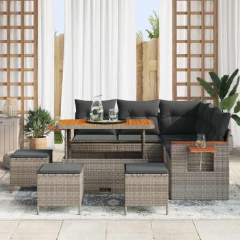 9-teiliges Garten Sofa Set mit Kissen Grau Poly Rattan Akazie, 4-teiliges Garten Esszimmer Set mit Kissen Grau Poly Rattan Akazie