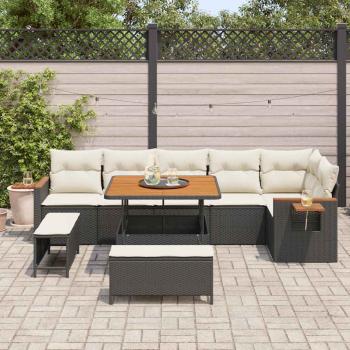 9-teiliges Garten Sofa Set mit Kissen Schwarz Poly Rattan Akazie, 3-teiliges Garten Esszimmer Set mit Kissen Schwarz Poly Rattan Akazie