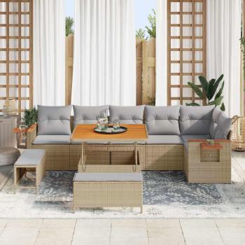 9-teiliges Garten Sofa Set mit Kissen Beige Poly Rattan Akazie, 3-teiliges Garten Essset mit Kissen Beige Poly Rattan Akazie