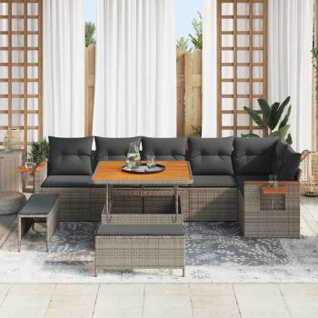9-teiliges Garten-Sofa-Set mit Kissen Grau Poly Rattan Akazie, 3-teiliges Garten-Esszimmer-Set mit Kissen Grau Poly Rattan Akazie