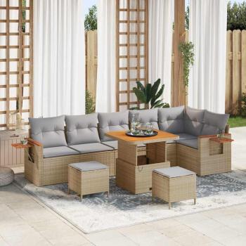 ARDEBO.de - 9-teiliges Garten Sofa Set mit Kissen Beige Poly-Rattan Akazie, 3-teiliges Garten Essgruppe mit Kissen Beige Poly-Rattan Akazie
