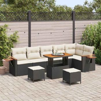 ARDEBO.de - 9-teiliges Garten Sofa Set mit Kissen Schwarz Poly Rattan Akazie, 3-teiliges Garten Ess-Set mit Kissen Schwarz Poly Rattan Akazie