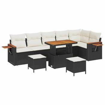 9-teiliges Garten Sofa Set mit Kissen Schwarz Poly Rattan Akazie, 3-teiliges Garten Ess-Set mit Kissen Schwarz Poly Rattan Akazie