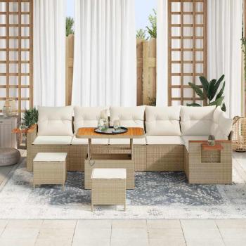 9-teilige Garten Sofa Set mit Kissen Beige Poly Rattan Akazie, 3-teiliges Garten Esszimmer Set mit Kissen Beige Poly Rattan Akazie