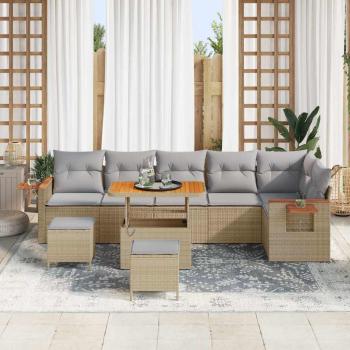 9-teiliges Garten Sofa Set mit Kissen Beige Rattan Akazie, 3-teilige Garten Essgruppe mit Kissen Beige Rattan Akazie