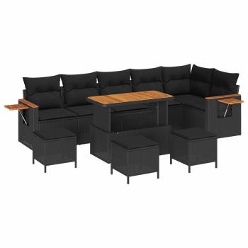 ARDEBO.de - 10-teiliges Garten-Sofa-Set mit Kissen Schwarz Poly-Rattan Akazie, 4-teiliges Garten-Ess-Set mit Kissen Schwarz Poly-Rattan Akazie
