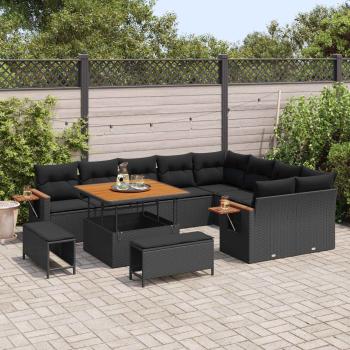 ARDEBO.de - 12-teiliges Garten-Sofa-Set mit Kissen, Schwarz, Poly-Rattan, Akazie, 3-teiliges Garten-Dining-Set mit Kissen, Schwarz, Poly-Rattan, Akazie