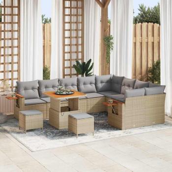 ARDEBO.de - 12-teiliges Garten Sofa Set mit Kissen Beige Poly Rattan Akazie, 3-teiliges Garten Esszimmer Set mit Kissen Beige Poly Rattan Akazie