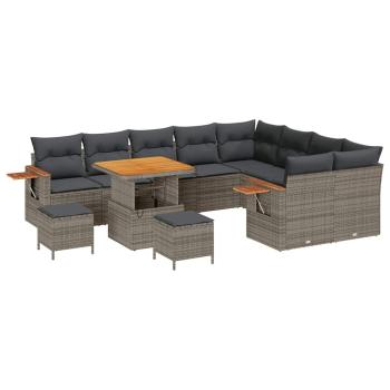 ARDEBO.de - 12-teiliges Garten Sofa Set mit Kissen Grau Poly Rattan Akazie, 3-teiliges Garten Eßset mit Kissen Grau Poly Rattan Akazie