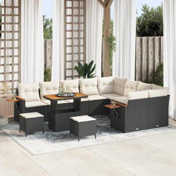 ARDEBO.de - 12-teiliges Garten-Sofa-Set mit Kissen Schwarz Poly Rattan Akazie, 3-teiliges Garten-Dining-Set mit Kissen Schwarz Poly Rattan Akazie