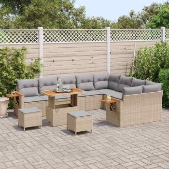 12 Stück Garten Sofa Set mit Kissen Beige Poly-Rattan Akazie, 3 Stück Garten Essgruppe mit Kissen Beige Poly-Rattan Akazie