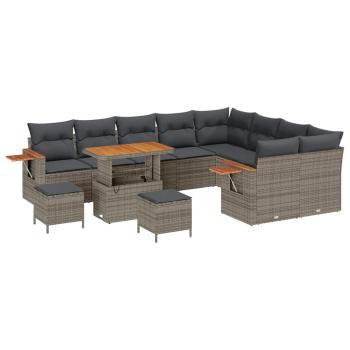12-teiliges Garten-Sofaset mit Kissen Grau Poly-Rattan Akazie, 3-teiliges Garten-Ess-Set mit Kissen Grau Poly-Rattan Akazie