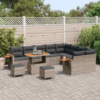 12-teiliges Garten-Sofaset mit Kissen Grau Poly-Rattan Akazie, 3-teiliges Garten-Ess-Set mit Kissen Grau Poly-Rattan Akazie