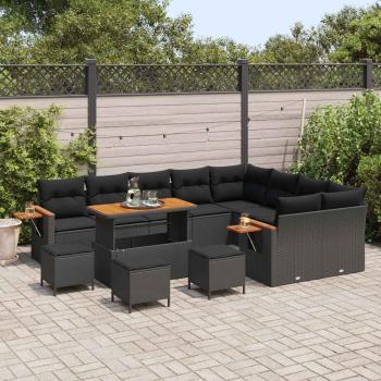 13-teiliges Garten Sofa Set mit Kissen Schwarz Poly Rattan Akazie, 4-teiliges Garten Essset mit Kissen Schwarz Poly Rattan Akazie