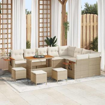 ARDEBO.de - 13-teiliges Garten Sofa Set mit Kissen Beige Poly Rattan Akazie, 4-teiliges Garten Esszimmer Set mit Kissen Beige Poly Rattan Akazie
