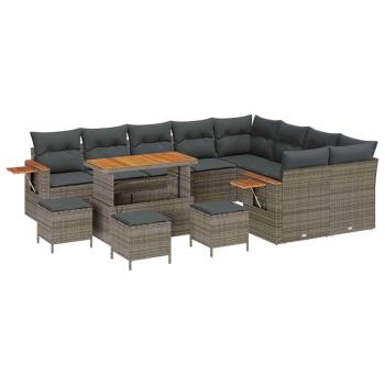 13-teiliges Garten-Sofa-Set mit Kissen Grau Poly Rattan, 4-teiliges Garten-Ess-Set mit Kissen Grau Poly Rattan