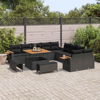 13-teiliges Garten Sofa Set mit Kissen Schwarz Poly Rattan Akazie, 3-teiliges Garten Essenset mit Kissen Schwarz Poly Rattan Akazie