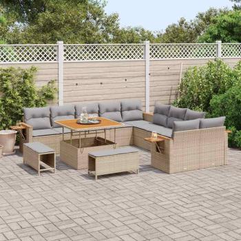 ARDEBO.de - 13-teiliges Garten-Sofa-Set mit Kissen Beige Poly-Rattan Akazie, 3-teiliges Garten-Ess-Set mit Kissen Beige Poly-Rattan Akazie