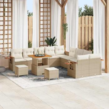 ARDEBO.de - 13-teiliges Garten Sofa Set mit Kissen Beige Poly Rattan Akazie, 3-teiliges Garten Ess-Set mit Kissen Beige Poly Rattan Akazie