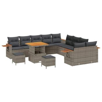 ARDEBO.de - 13-teiliges Garten Sofa Set mit Kissen Grau Poly Rattan Akazie, 3-teiliges Garten Essset mit Kissen Grau Poly Rattan Akazie