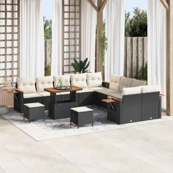 ARDEBO.de - 13-teiliges Garten-Sofa-Set mit Kissen Schwarz Poly-Rattan Akazie, 3-teiliges Garten-Dining-Set mit Kissen Schwarz Poly-Rattan Akazie