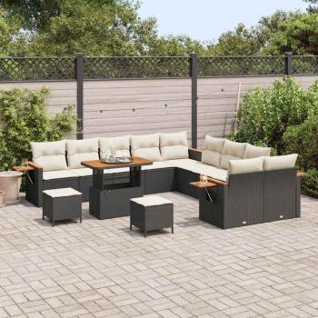 13-teiliges Garten-Sofa-Set mit Kissen Schwarz Poly-Rattan Akazie, 3-teiliges Garten-Dining-Set mit Kissen Schwarz Poly-Rattan Akazie