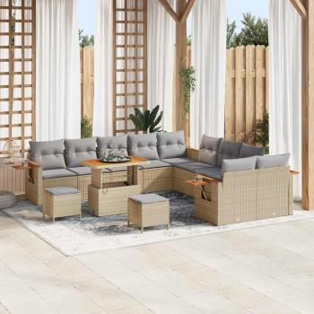 ARDEBO.de - 13-teiliges Garten-Sofaset mit Kissen Beige Poly-Rattan Akazie, 3-teiliges Garten-Esszimmer-Set mit Kissen Beige Poly-Rattan Akazie